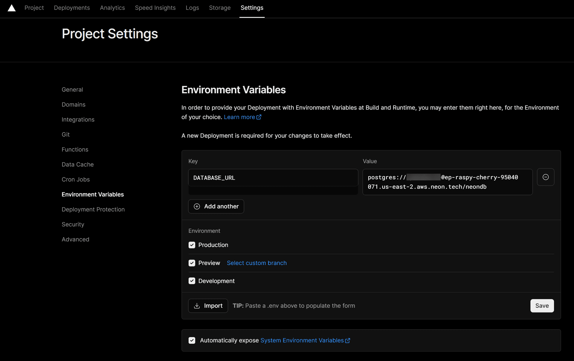 Add Vercel environment variable settings