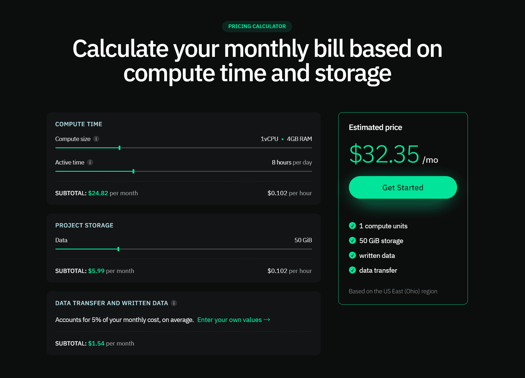 Pricing page calculator